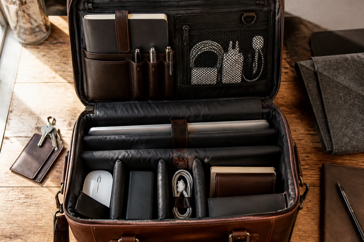 Organisation d'une sacoche en cuir : plan d'aménagement