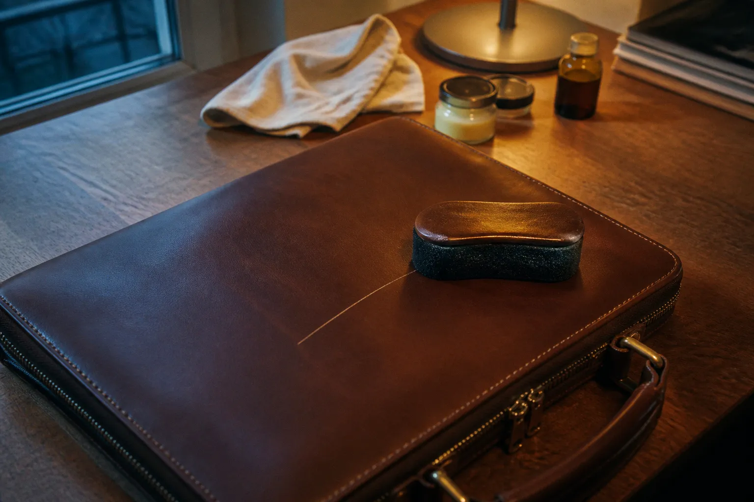 Rayure sur un porte-documents en cuir : l'astuce express