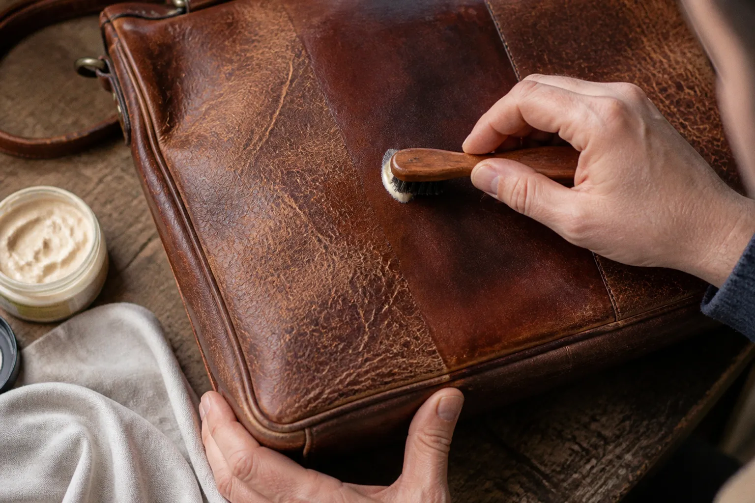Sac en cuir vintage sec : le résultat avant-après soin