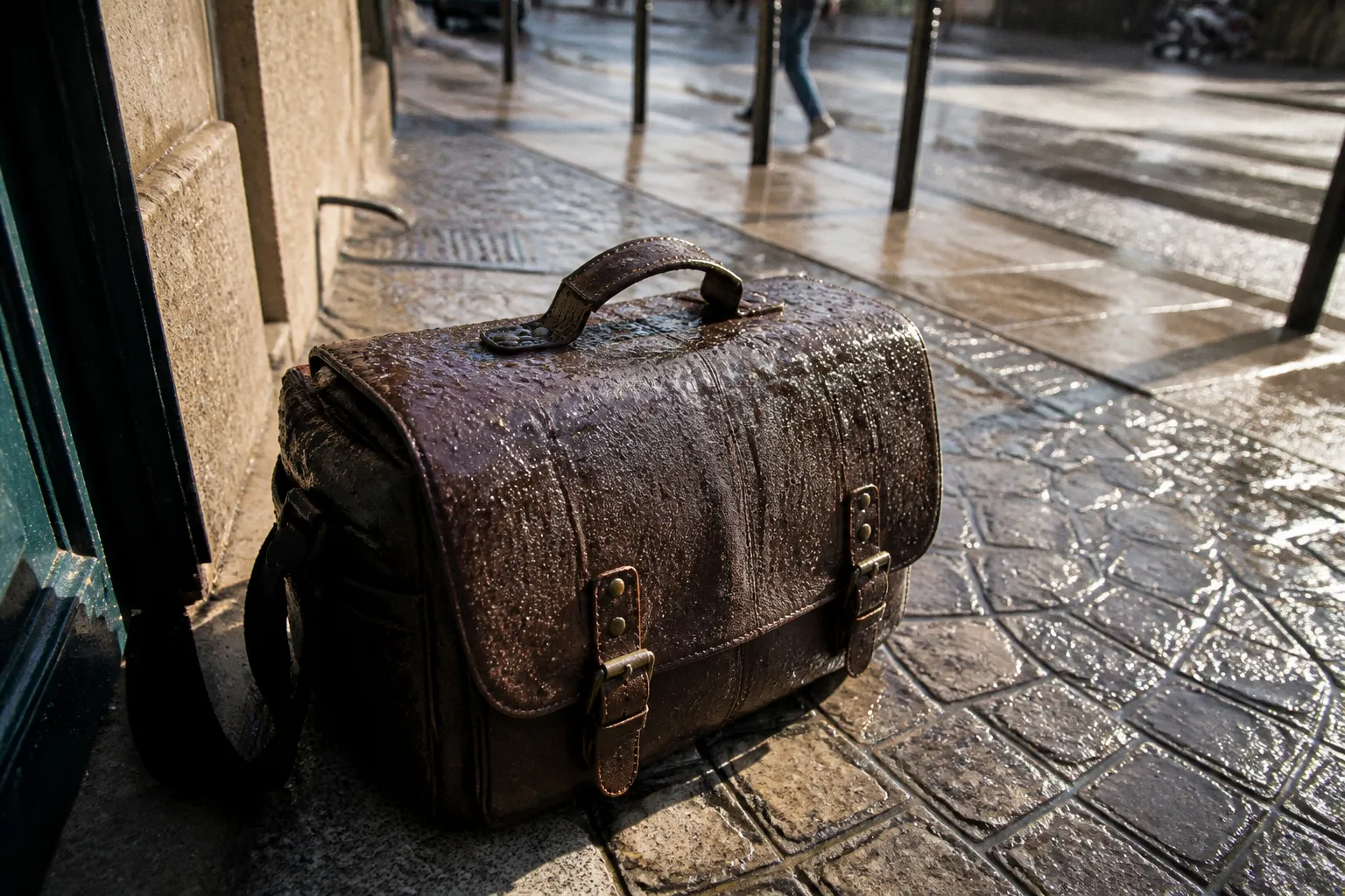Sac photo en cuir sous la pluie : plan de protection
