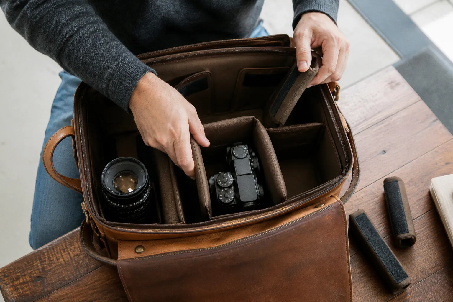 Séparateurs de sac photo en cuir : le plan d'agencement